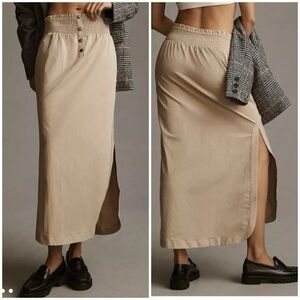 By Anthropologie Smocked Skirt Tan Maxi Midi Pull On Khaki Side Slit XS